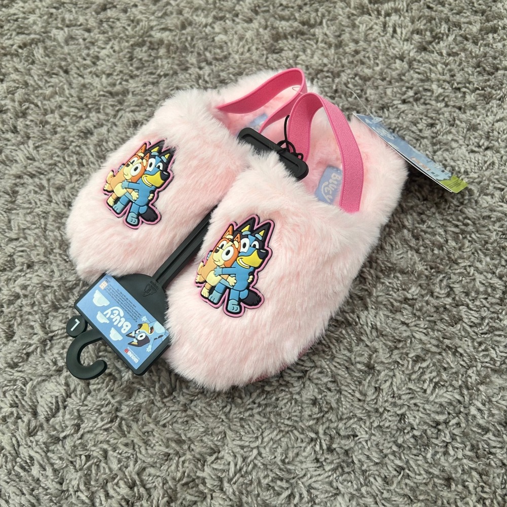 Bluey Bingo little Girls Pink Faux Fur Slingback Slippers Ground Up Sz Large New